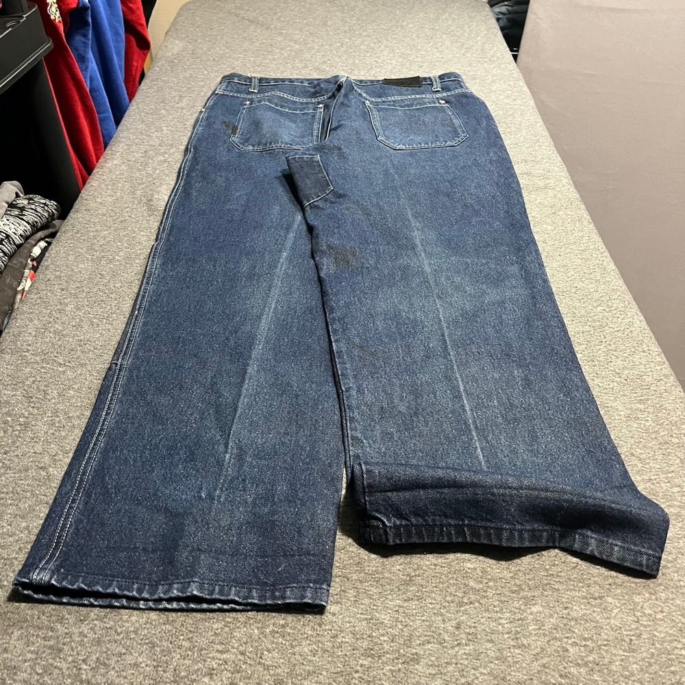 Sean John Mens 36x32 Patchwork Double Front Baggy Wide Leg Jeans Dark Wash Denim